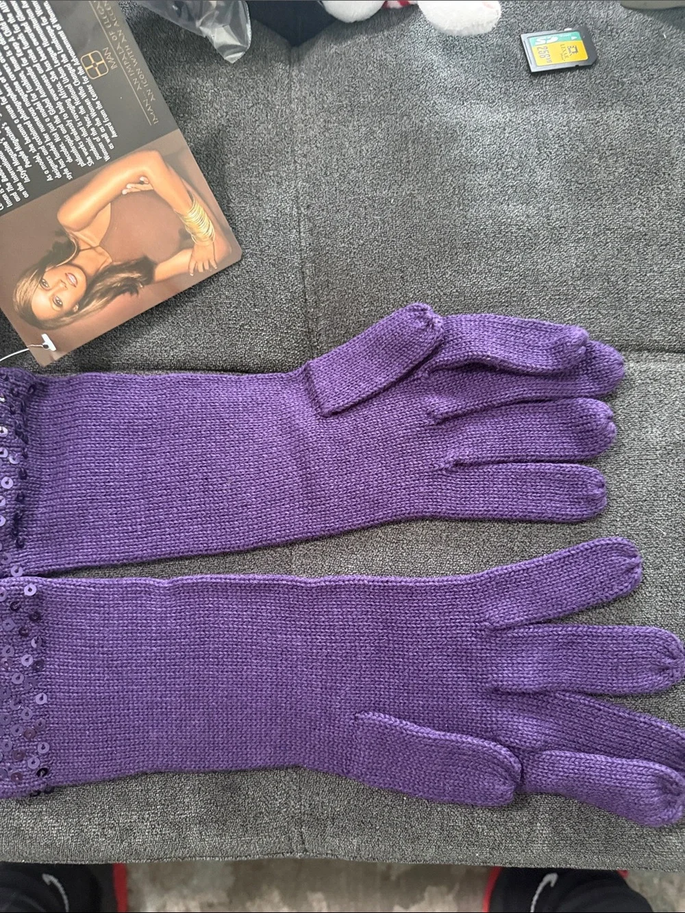 IMAN Purple Knit Gloves with Sequin Cuff Trim NWT